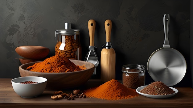 a table with various spices including one that says spices