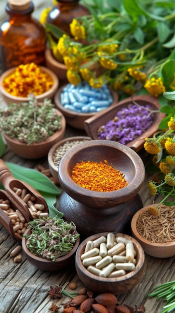 a table with various spices including one that says sprigs