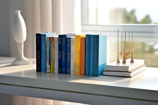 a table with a vase and books on it including a vase with a book titled  library