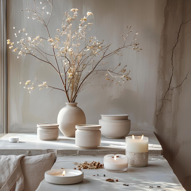 A table with a vase and candles on it and a vase with flowers in it on a table with a white cloth a