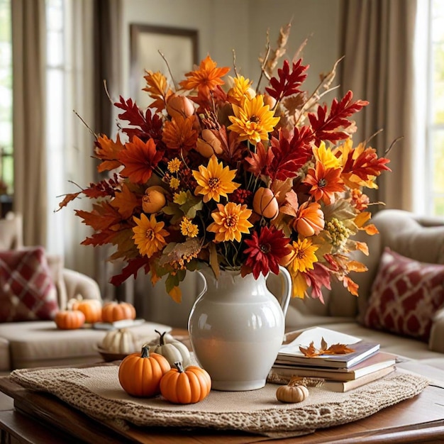 Photo a table with a vase of fall flowers and a vase with a pumpkin on it