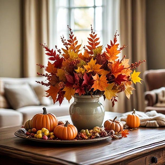 a table with a vase of fall leaves and a vase with a pumpkin on it