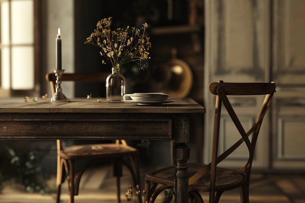 a table with a vase of flowers and a candle in it