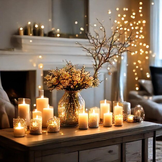 a table with a vase of flowers and candles on it