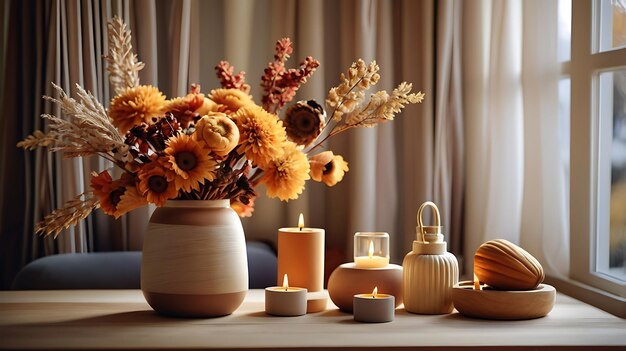 a table with a vase of flowers and candles on it