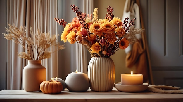 Photo a table with a vase of flowers and candles on it