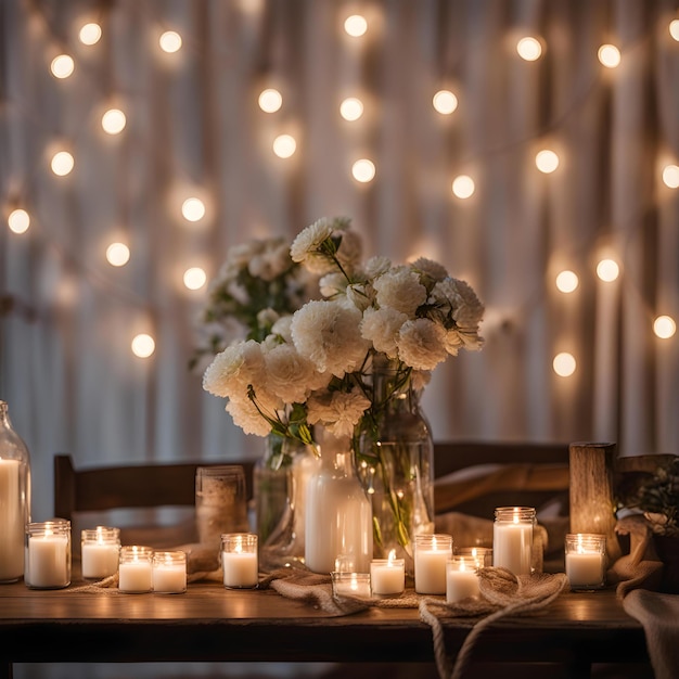 a table with a vase of flowers and candles with lights behind it