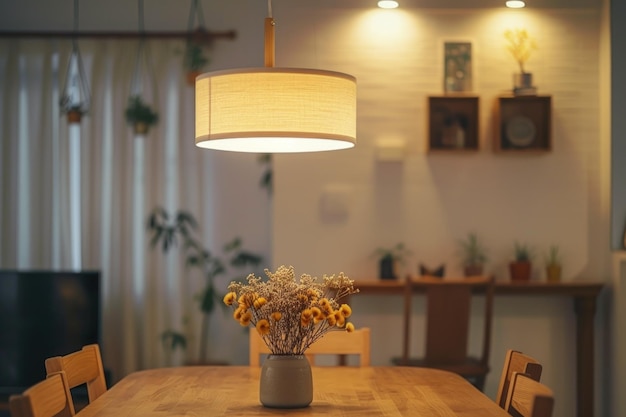 Table with vase of flowers on it and lamp above it