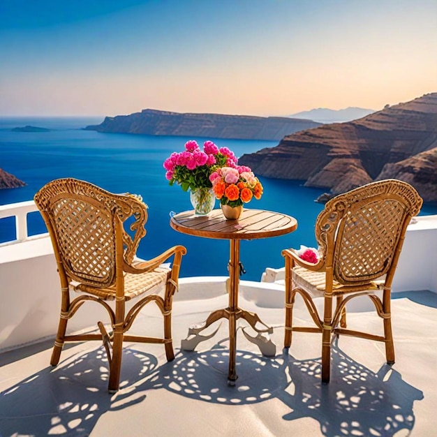 a table with a vase of flowers on it and a view of the ocean