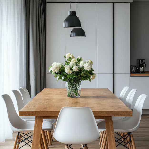 Photo a table with a vase of flowers and a lamp hanging from the ceiling