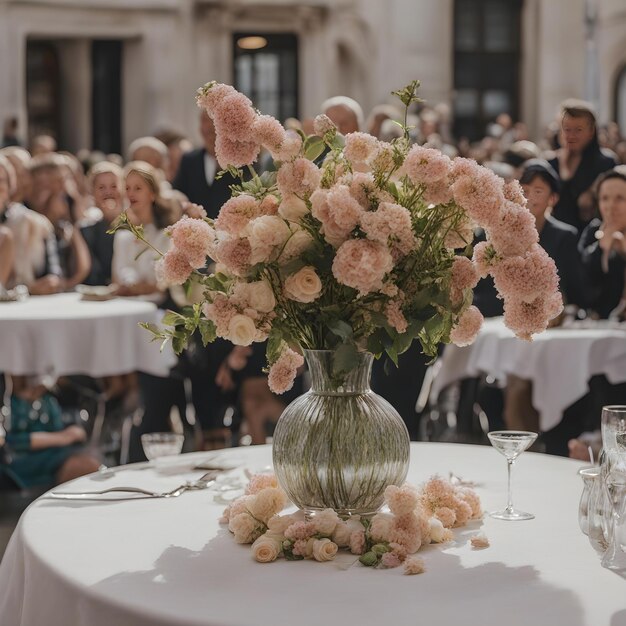 Photo a table with a vase of flowers and people sitting at it