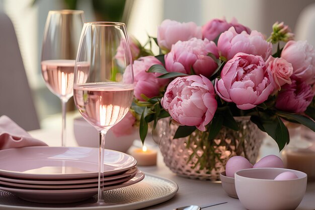 A table with a vase of flowers and plates and glasses of wine and a candle on it with a pink napkin