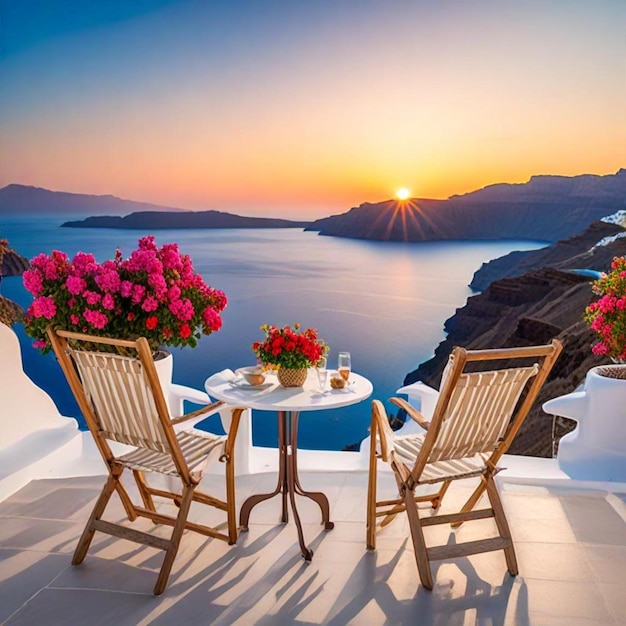 a table with a vase of flowers and a table with a view of the ocean