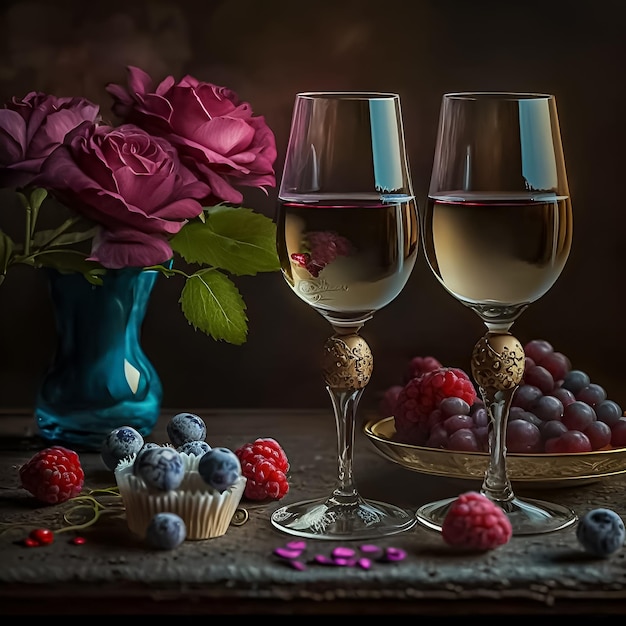 A table with a vase of flowers and two wine glasses with grapes in front of them.