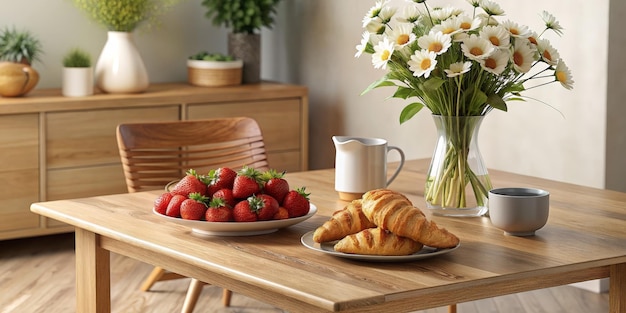 a table with a vase of flowers and a vase with flowers