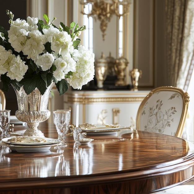 a table with a vase of flowers and a vase with the word  f  on it