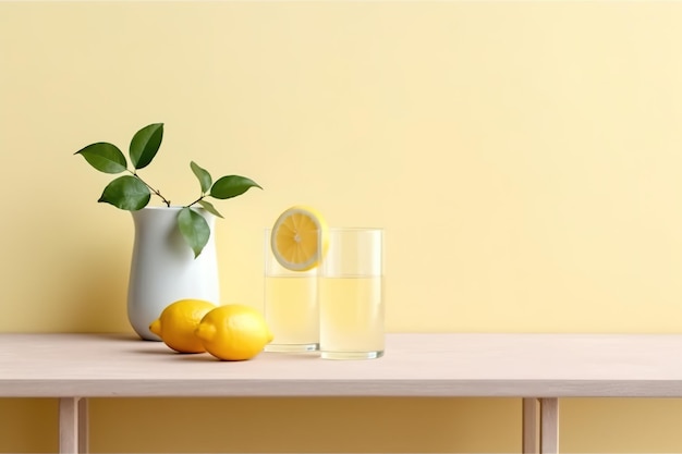 Photo a table with a vase and a glass of water and lemons on it