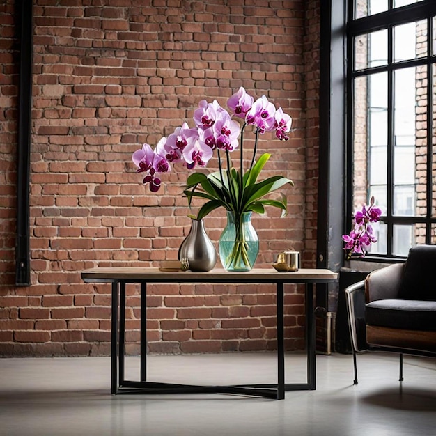 a table with a vase of purple flowers on it and a brick wall behind it