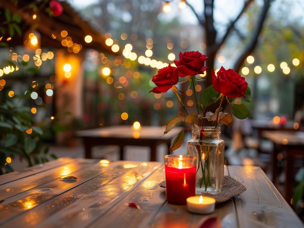 A table with a vase of red roses candle is lit and the table is set for a romantic dinner