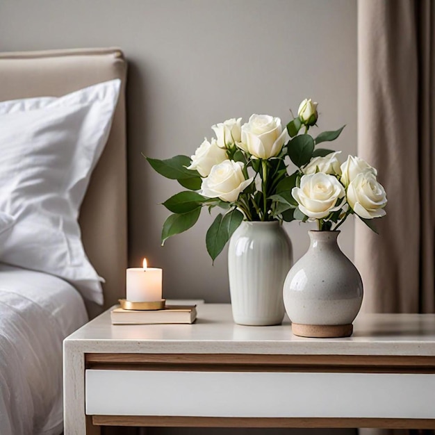 Photo a table with a vase of roses and a book on it