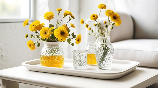 Photo a table with a vase of sunflowers and a vase with flowers in it