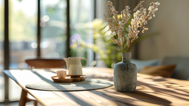 a table with a vase and a vase with flowers on it