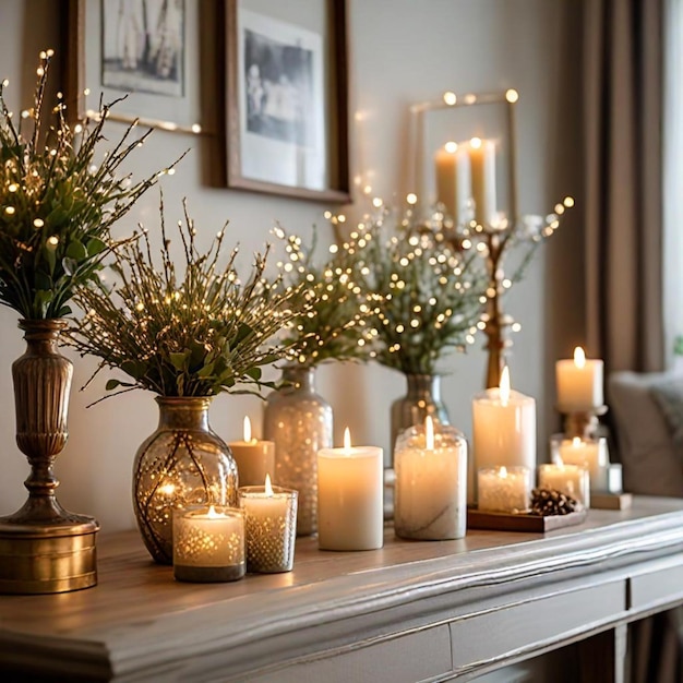 Photo a table with a vase with candles and a picture of a christmas tree