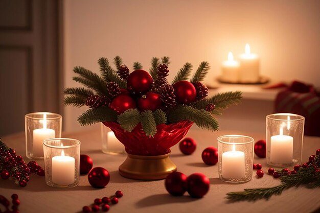 a table with a vase with christmas decorations and candles