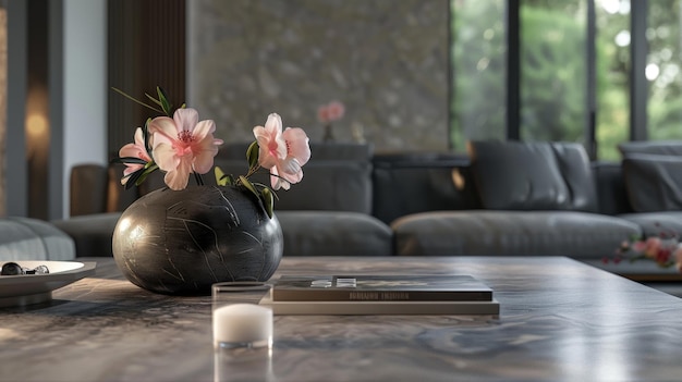 Photo a table with a vase with flowers and a book on it