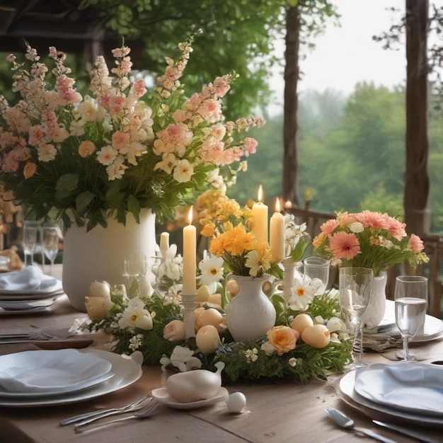 a table with a vase with flowers and candles on it