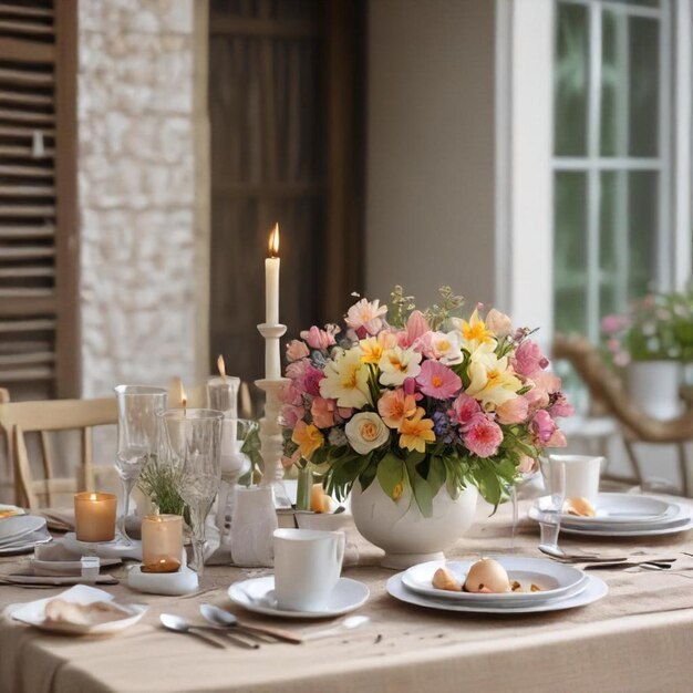 a table with a vase with flowers and candles on it