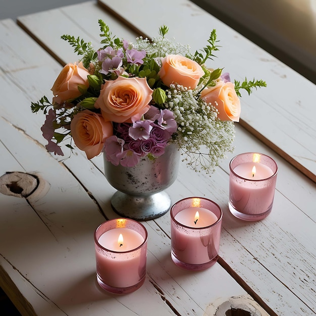 Photo a table with a vase with flowers and candles on it