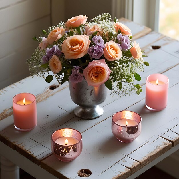 Photo a table with a vase with flowers and candles on it