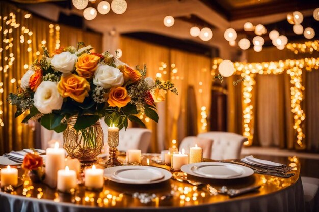 a table with a vase with flowers and candles on it