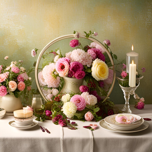 a table with a vase with flowers and candles on it