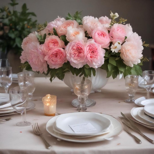 Photo a table with a vase with pink roses on it