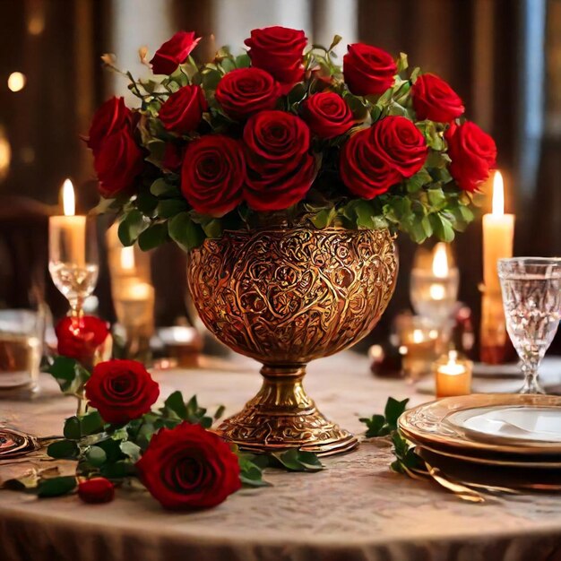 a table with a vase with roses and candles on it