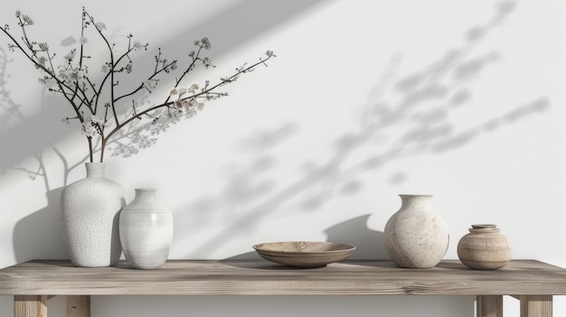 a table with vases and bowls on it