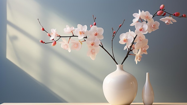 a table with vases and a flower in the background