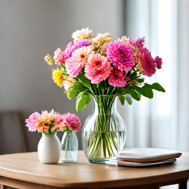 a table with vases of flowers and a book on it