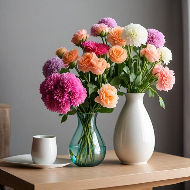 a table with vases of flowers and a cup on it