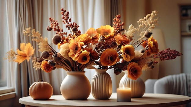 a table with vases and flowers on it including one that says  dead