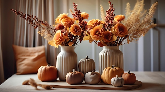 Photo a table with vases and flowers on it and a pumpkin on it