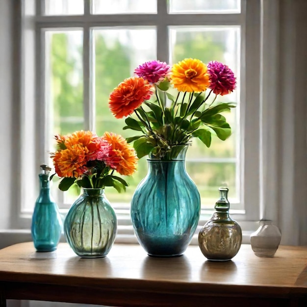 a table with vases and flowers on it and a window behind them