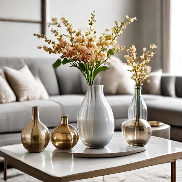 a table with vases and flowers on it