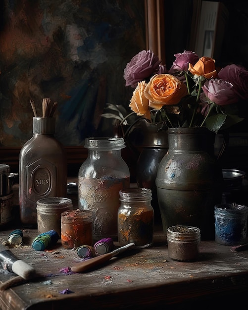 A table with vases of flowers and a painting of a flower.