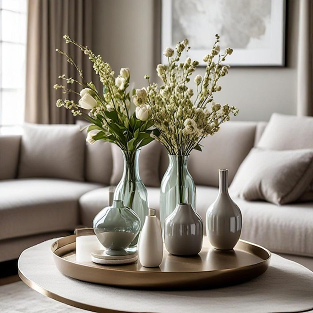 a table with vases of flowers and a vase with flowers on it