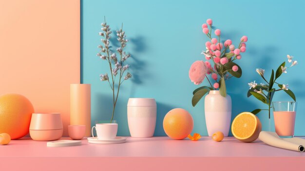 a table with vases and flowers and vases on it