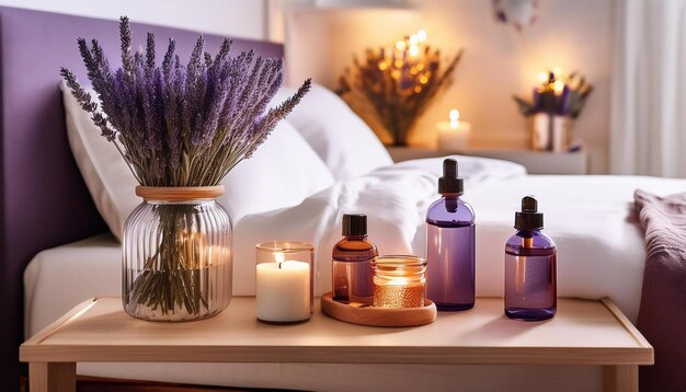 a table with vases of lavender flowers and candles on it