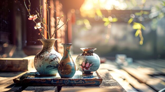 Photo a table with vases and one with a flower on it